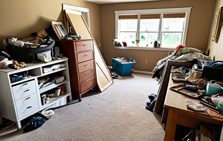 **Image:** A cluttered house interior during a site inspection, emphasizing the challenges of appraising a hoarder's property. Focus on the overwhelming amount of belongings and the difficulty of navigating the space, highlighting the need for objectivity.