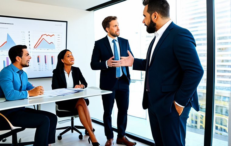 A diverse group of professional real estate appraisers and industry experts in a modern, well-lit conference room, engaged in a collaborative discussion. They are fully clothed in professional business attire, reviewing charts on a screen, with natural, open expressions. The scene depicts a dynamic exchange of ideas and collective insight. Perfect anatomy, correct proportions, well-formed hands, natural pose, professional photography, high quality, safe for work, appropriate content, modest clothing.