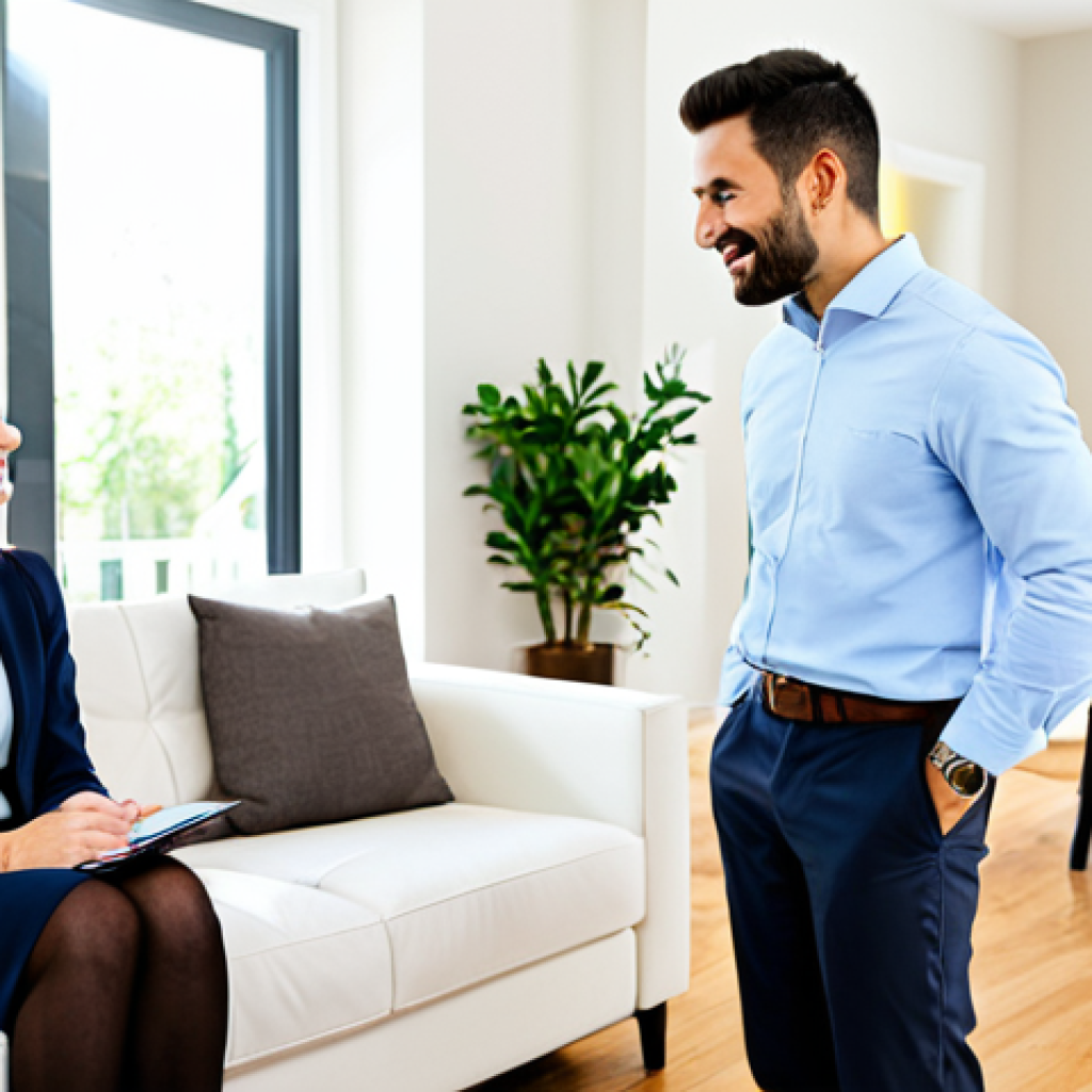 **

"A friendly, professional appraiser, fully clothed in business casual attire, is consulting with a young couple in their living room about a pre-listing appraisal. The home is bright and well-maintained, with modern furniture. The scene emphasizes trust and expertise. Safe for work, appropriate content, professional setting, fully clothed, perfect anatomy, natural proportions, family-friendly atmosphere, bright and inviting."

**