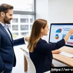 감정평가사의 팀워크와 협업 - **Image Prompt:** A bright and modern real estate office. Two property appraisers, a seasoned woman ...