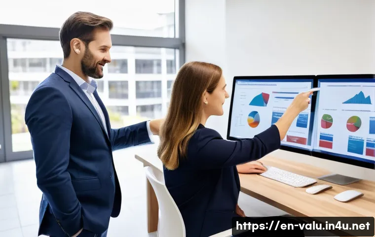 감정평가사의 팀워크와 협업 - **Image Prompt:** A bright and modern real estate office. Two property appraisers, a seasoned woman ...