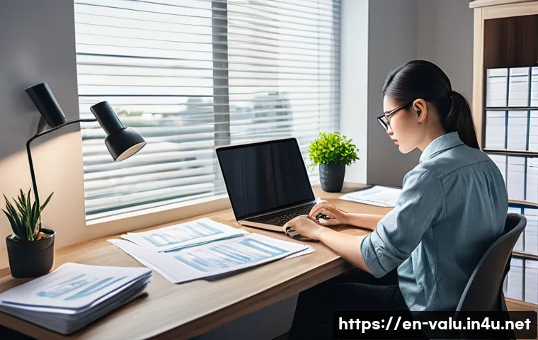 감정평가사 시험 접수 절차 - A professional home office scene showing a person organizing important certification documents on a ...