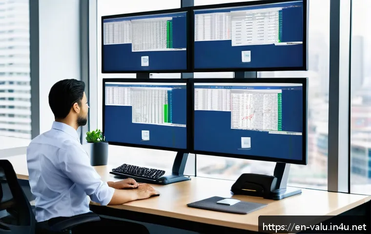 감정평가사의 업무 효율화 비법 - A modern office workspace with multiple large monitors displaying real estate appraisal software, in...