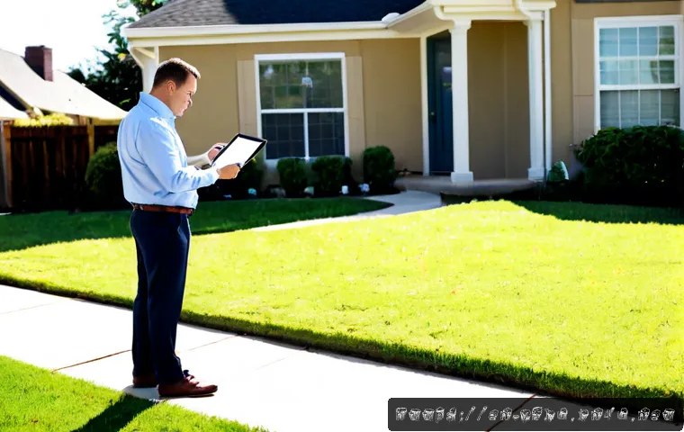 Home 17 감정평가사와 부동산 시장의 관계 - Photorealistic real estate appraiser in a neat business-casual outfit examining a suburban home exte...