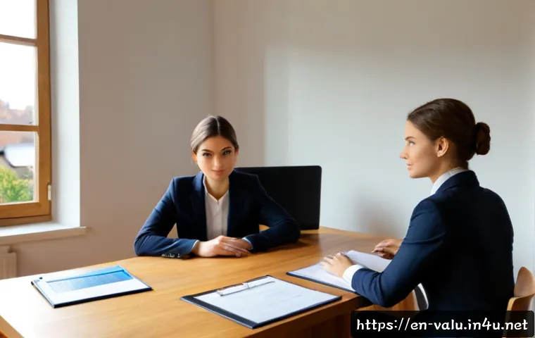Home 17 감정평가사로서 첫 직장 선택 - Photorealistic young real estate appraiser choosing between two first-job opportunities, seated at a...